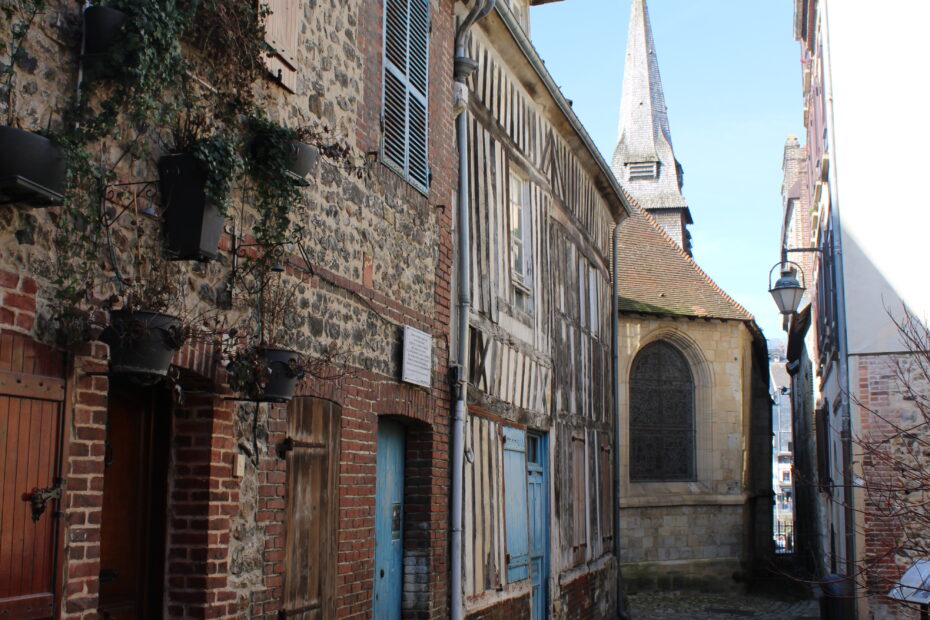 Old cobbled street in Honfleur, normandy leading to the Ethnography museum in the old prison.