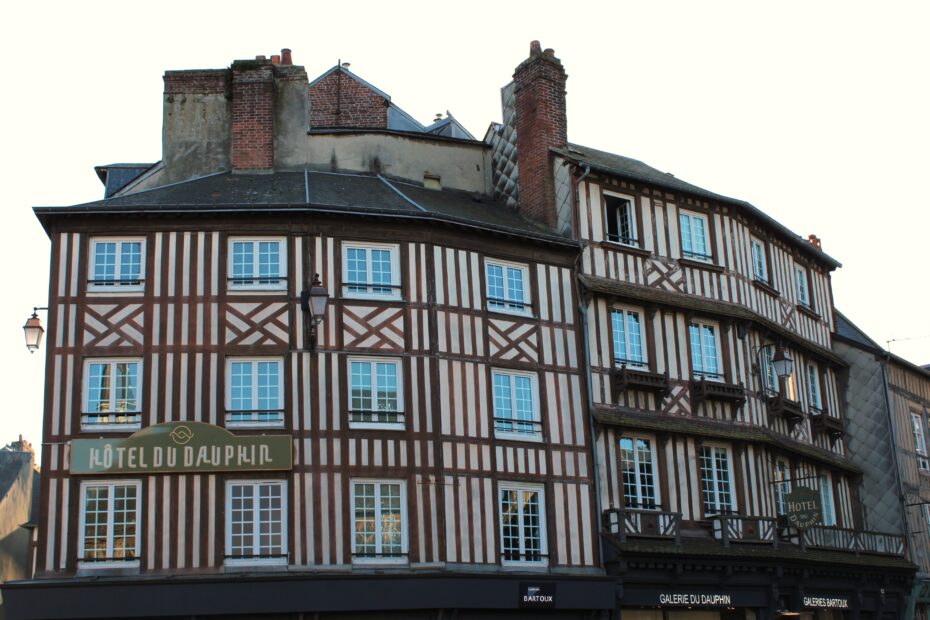 Facade of hotel du Dauphin in Honfleur, Normandy