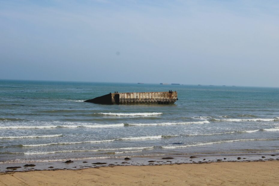 Remains of the artificial harbor on Gold Beach sector in Normandy