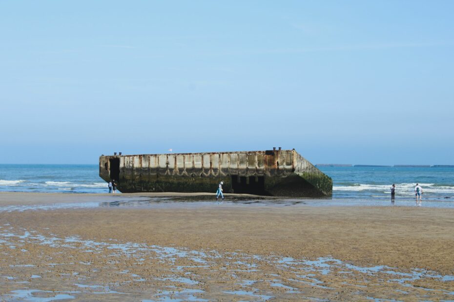 Remains of the artificial Mulberry harbour in Arromanches-les-Bains on Gold Beach, Normandy