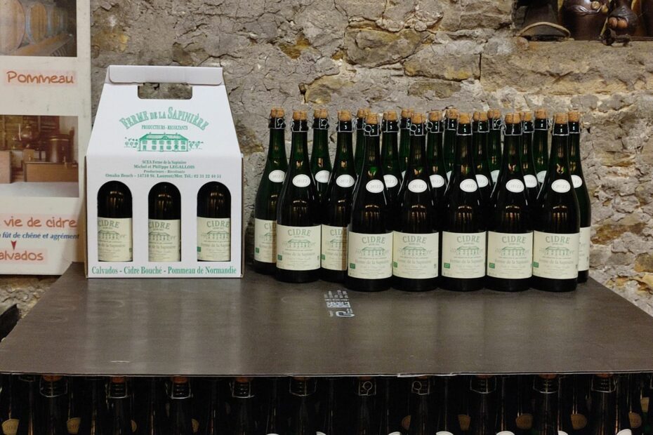 Bottles of cider from La Sapinière farm on Omaha Beach in Normandy