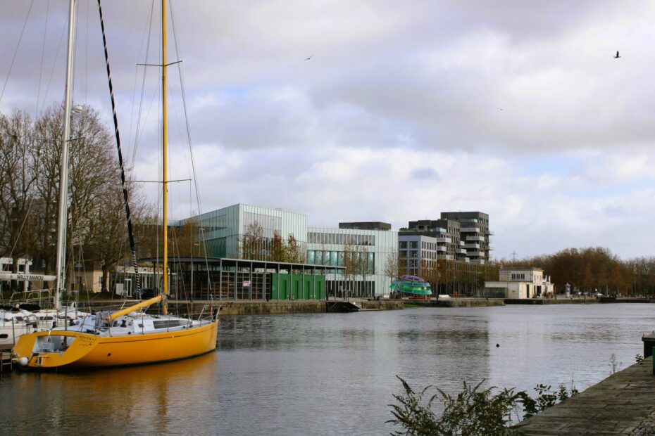 View of the Peninsula of Caen (Presqu'île de Caen) from the marina, Caen, Normandy