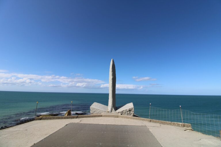 The commemorative granite needle at Pointe du Hoc, Normandy