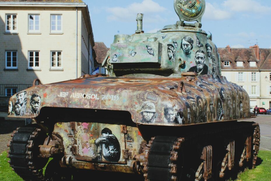 A Sherman tank transformed by Jef Aérosol in Falaise, Normandy