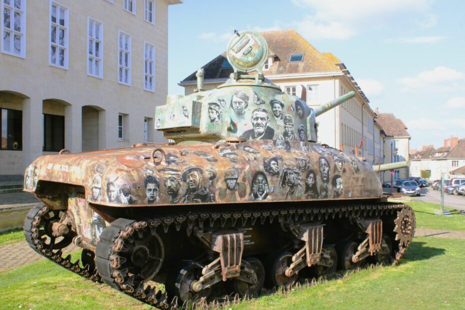 A sherman tank transformed by the artist Jeff Aérosol in Falaise, Normandy