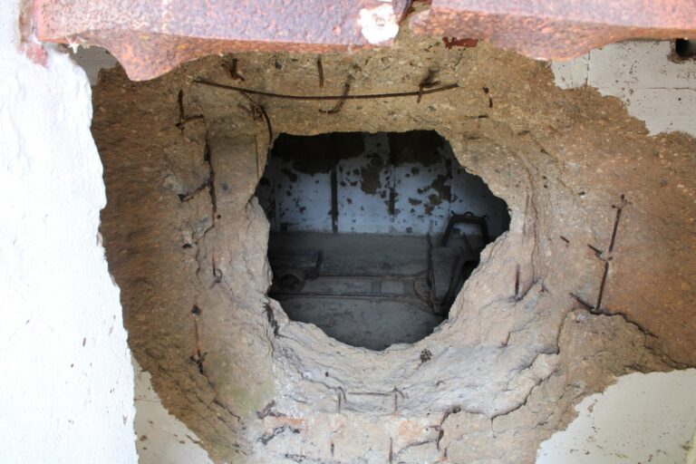 Impact of a 105mm shell fired on 8 June 1944 in a bunker at the Crisbecq battery, Utah Beach, Normandy