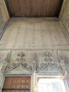 The 475 names of William the Conqueror's companions for the Conquest of England above the porch of Dives sur Mer church, Normandy