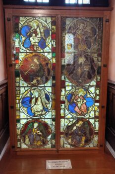 The musician angels stained glass windows at the Toursit Office of Dives sur Mer, Normandy