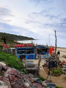 Beach restaurant La Cabane Bleue in Villerville, Calvados Floral coast.